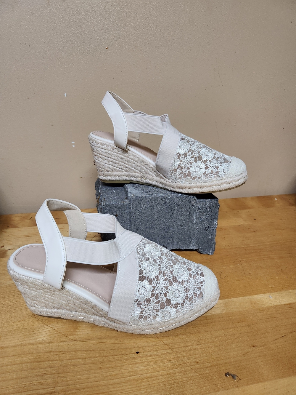 Lace Espadrille Wedge Sandals - Cream